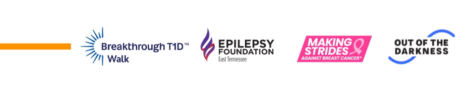 Breakthrough T1D Walk Logo_Epilepsy Foundation Logo_Making Strides Against Cancer Logo_Out of the Darkness Logo